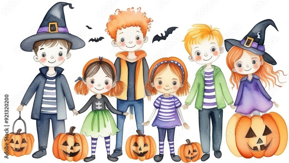 watercolor illustration of a Halloween witch and wizard, pumpkins and ghosts in a cute cartoon style on a white background, watercolor illustration of a Halloween witch and wizard, pumpkins and ghosts in a cute cartoon style on a white background,