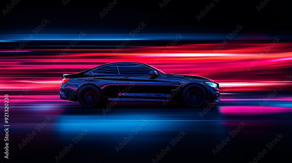 Sleek black sports car racing at night with vibrant light trails in background Sleek black sports car racing at night with vibrant light trails in background