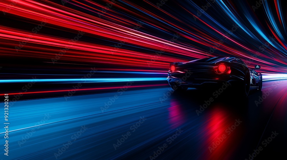 Car in motion with light trails at night on a dark road Car in motion with light trails at night on a dark road