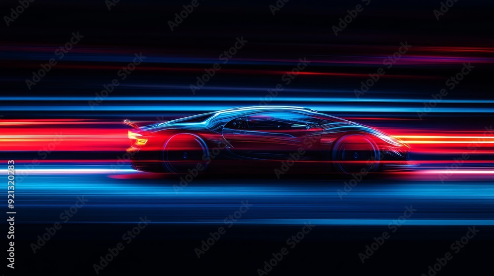 A sleek sports car speeds through neon-lit night streets A sleek sports car speeds through neon-lit night streets