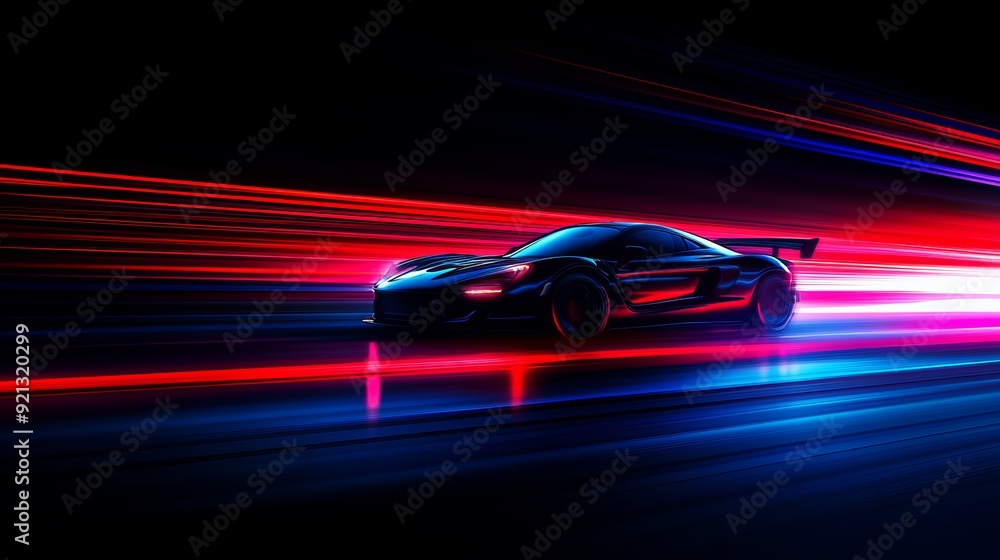 High-speed sports car racing through neon-lit track at night High-speed sports car racing through neon-lit track at night