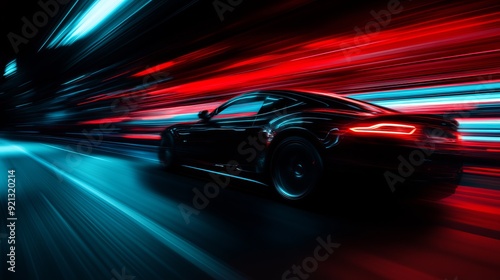 Sleek black sports car speeding through illuminated city streets at night