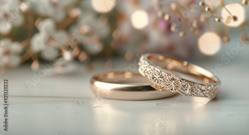 Elegant Wedding Rings With Floral Accents Against a Soft Background