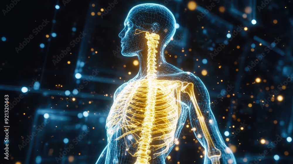 Digital representation of the human nervous system, highlighting spinal cord and neural pathways against a high-tech background. Digital representation of the human nervous system, highlighting spinal cord and neural pathways against a high-tech background.