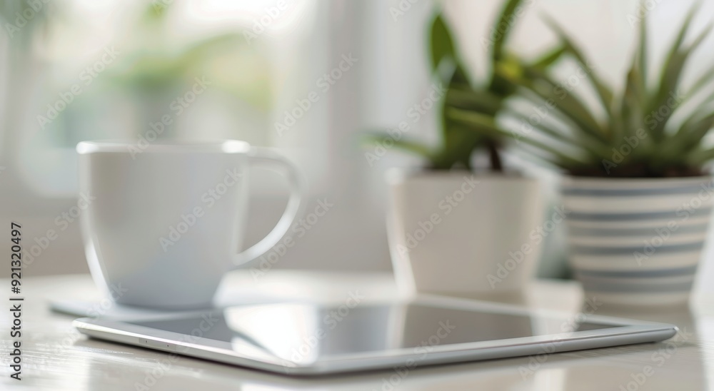 Cozy Workspace With Pink Mug and Tablet Surrounded by Green Plants Cozy Workspace With Pink Mug and Tablet Surrounded by Green Plants