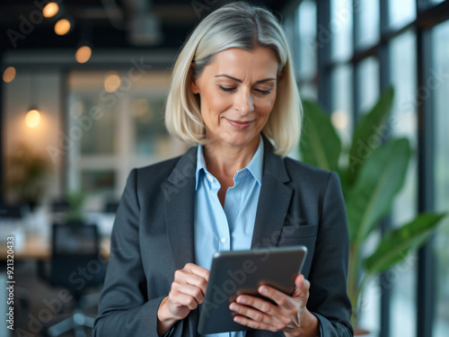 Busy middle aged professional business woman using tab computer in office. Mature lady manager, older female corporate executive holding tablet standing at work, authentic shot. View through glass