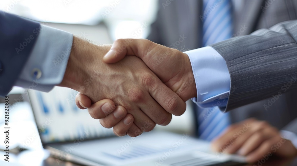 Entrepreneur discussing financial projections with an investor in a sleek office, graphs and charts on a laptop screen, handshake to seal the deal Entrepreneur discussing financial projections with an investor in a sleek office, graphs and charts on a laptop screen, handshake to seal the deal