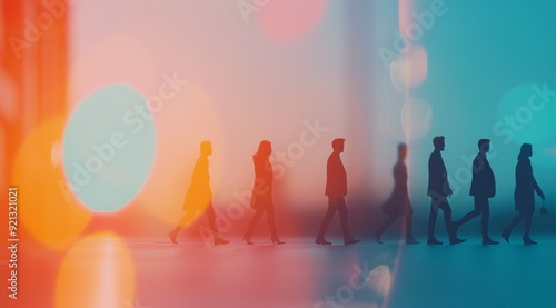 Silhouetted Figures Walking Towards Sunset at Urban Crosswalk
