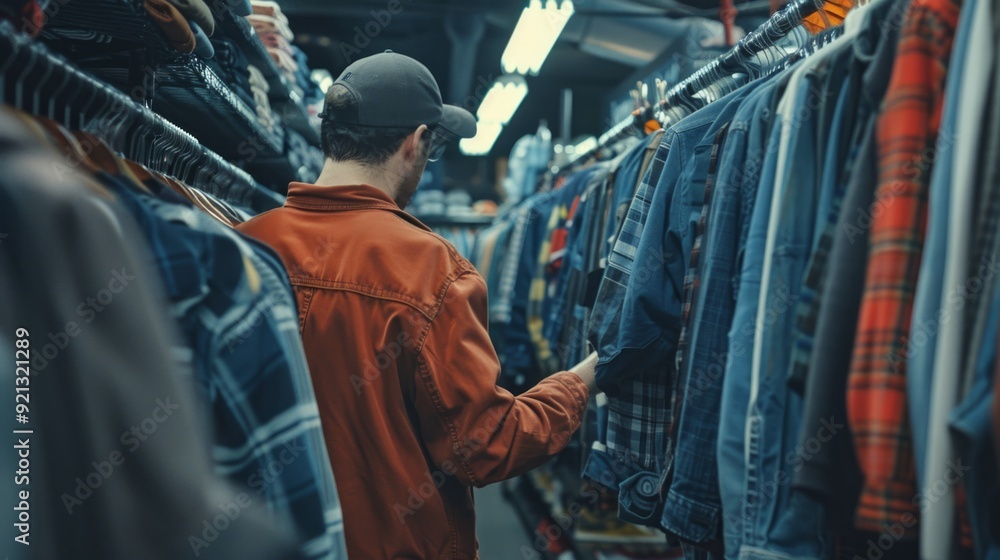 Clothes on sale in a discount store, customers rummaging through racks Clothes on sale in a discount store, customers rummaging through racks
