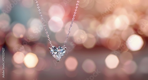 Heart-Shaped Diamond Necklace Glimmering Against Bokeh Background