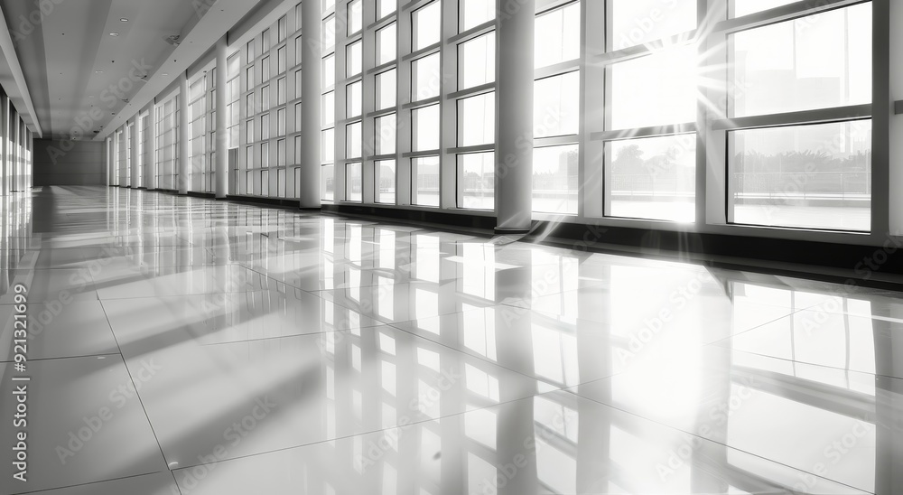 Modern Interior Hallway With Natural Light Streaming Through Windows at Midday Modern Interior Hallway With Natural Light Streaming Through Windows at Midday