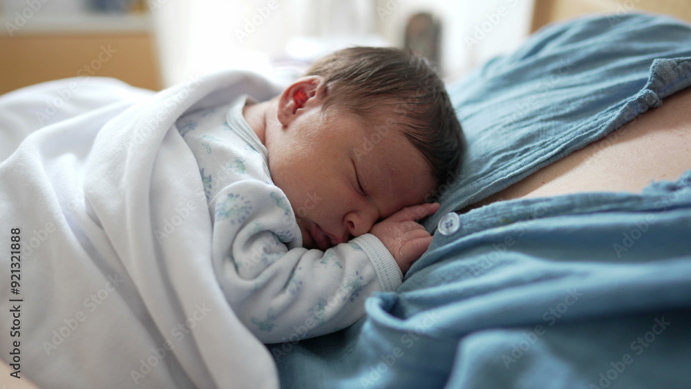 Newborn baby sleeping peacefully on mother's chest, covered with a soft blanket, close-up capture of intimate moment, cozy indoor setting, expressions of warmth, love, and security Newborn baby sleeping peacefully on mother's chest, covered with a soft blanket, close-up capture of intimate moment, cozy indoor setting, expressions of warmth, love, and security