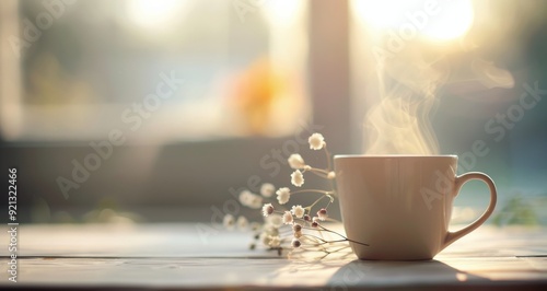 Warm Cup of Tea on Table With Flowers at Sunset in Cozy Interior