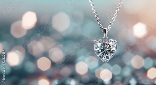 Heart-Shaped Diamond Pendant Hanging Against a Blurred Red Background