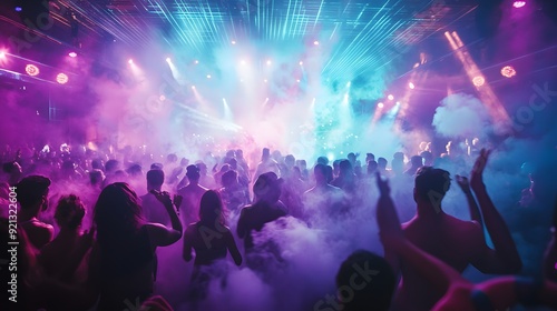 Photograph of people dancing in a dark club, laser lights shining on the crowd, smoke and fog, purple and blue lights, in the style of unsplash photography