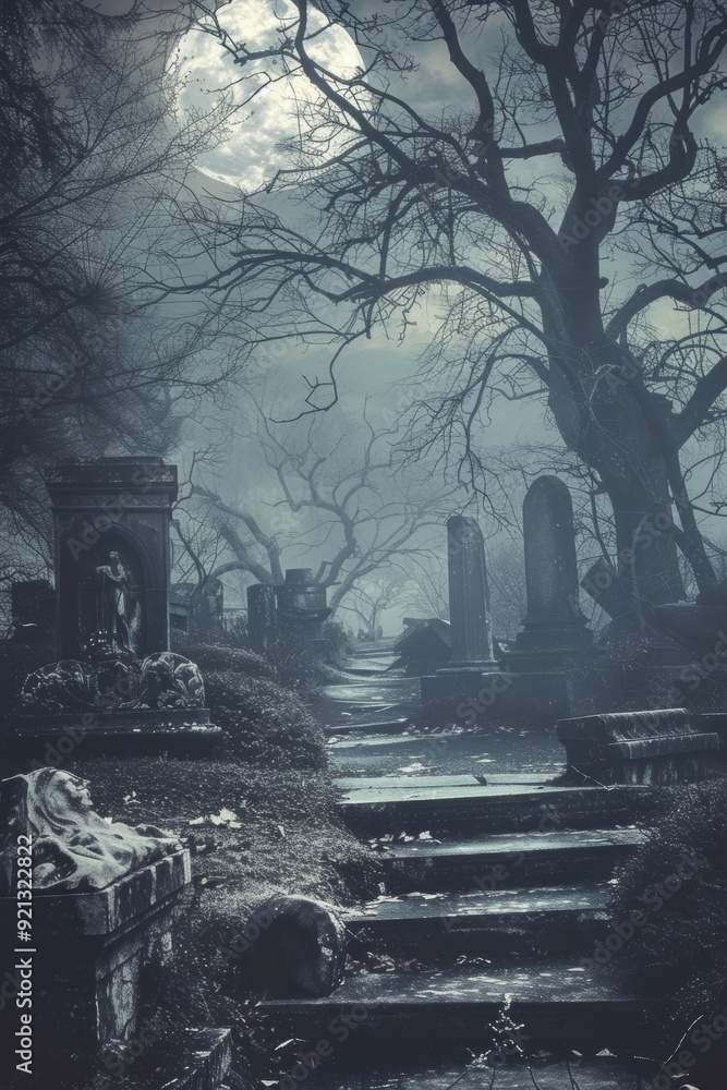 Haunting scene of a foggy graveyard with looming tombstones, twisted trees, and a full moon casting an eerie glow Haunting scene of a foggy graveyard with looming tombstones, twisted trees, and a full moon casting an eerie glow