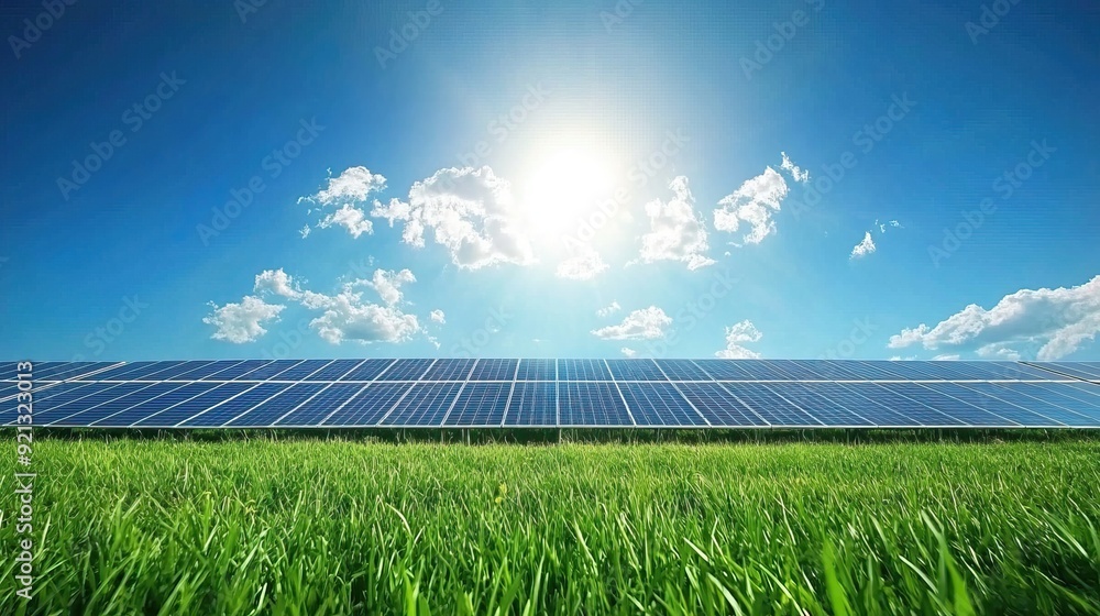 Fototapeta premium Solar panel produces green, environmentally friendly energy from the setting sun. AI generated image