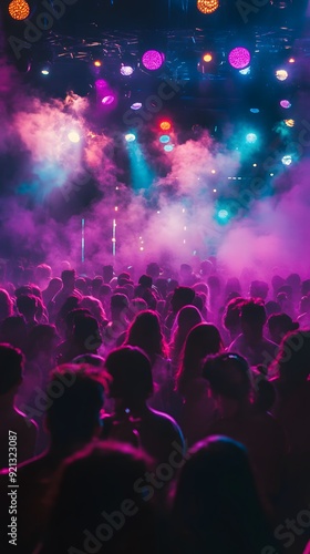 Photograph of people dancing in a dark club, laser lights shining on the crowd, smoke and fog, purple and blue lights, in the style of unsplash photography