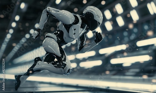 Dynamic robotic athlete sprinting in a cyber arena, showcasing advanced tech