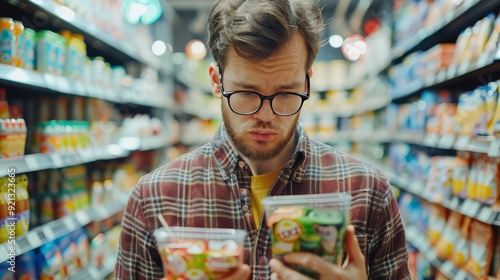 Shopper comparing prices on two different products, thoughtful expression photo