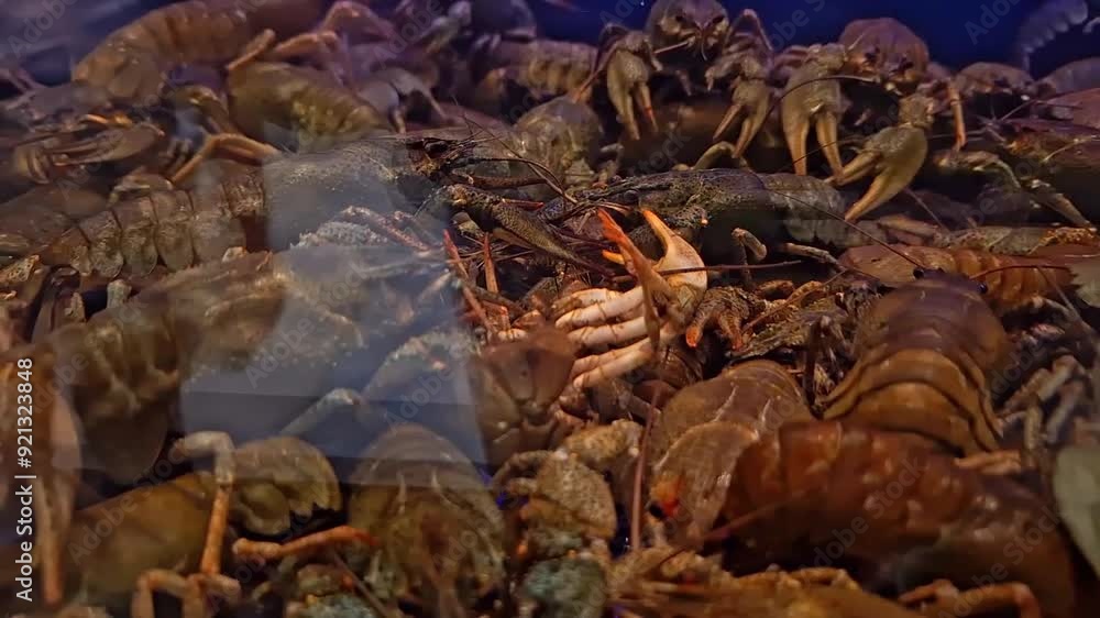 Live lobsters packed together in a tank.. Live lobsters packed together in a tank..