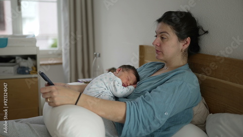 Tired mother with newborn baby sleeping on her chest, rubbing her eyes while holding a smartphone, wearing comfortable clothing, intimate indoor setting, showing exhaustion and love