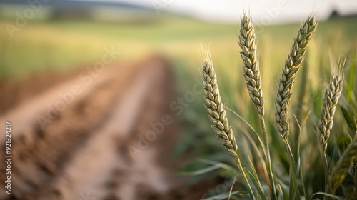 A detailed close-up image of wheat plants showing the ears of grain, with a blurred background of a farmland path, representing agriculture and growth. photo