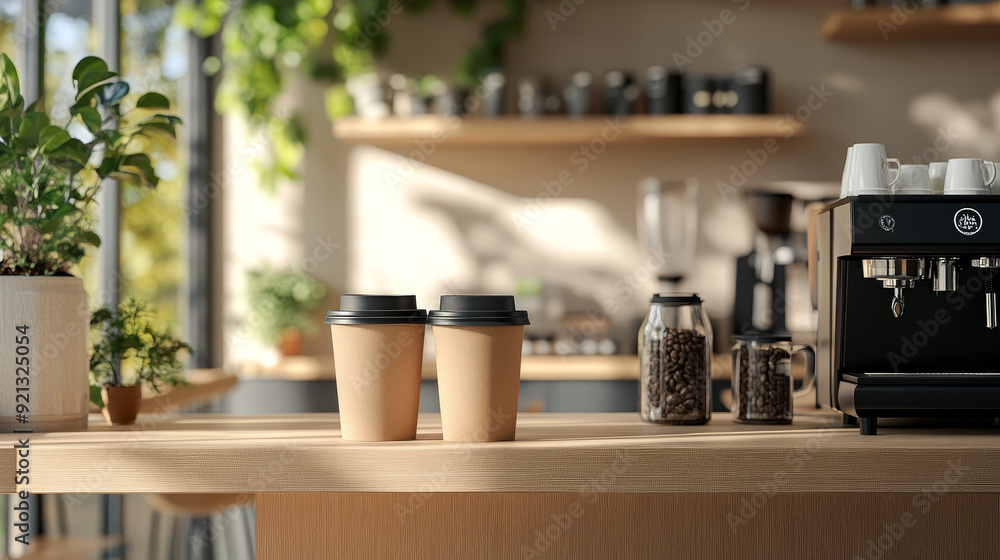 A coffee shop interior featuring a table with A coffee shop interior featuring a table with