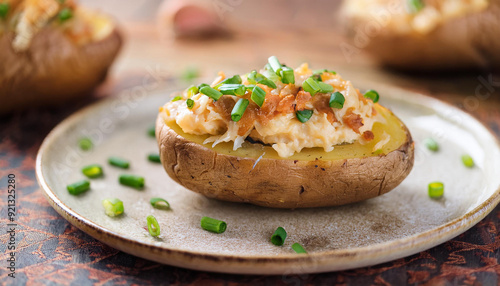 Baked potato topped with scallion in ceramic plate. Tasty food. Delicious meal for dinner.