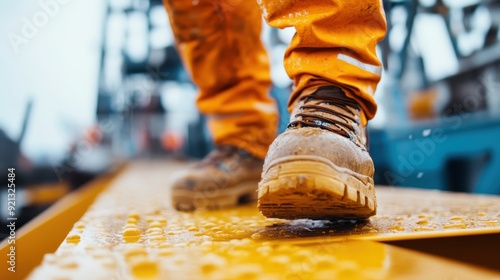 A worker in sturdy boots walks on a wet, yellow platform, symbolizing the perseverance and daily routines present in construction or industrial environments. photo