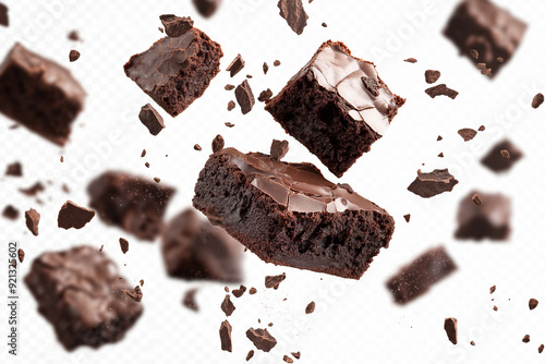 Dynamic image of rich, fudgy chocolate brownies and pieces of chocolate floating in mid-air. The focus is on the delectable texture and indulgent nature of these delicious treats, against a gray backg