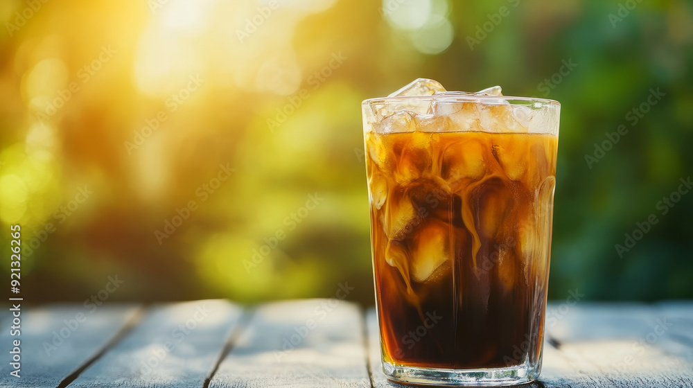 A glass of iced coffee with cream milk, featuring a cold brew coffee drink with ice, bathed in early morning sunlight. The scene highlights the refreshing nature of the drink, with ample copy space to A glass of iced coffee with cream milk, featuring a cold brew coffee drink with ice, bathed in early morning sunlight. The scene highlights the refreshing nature of the drink, with ample copy space to