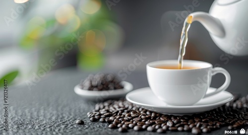 Pouring Hot Tea Into A White Cup Surrounded By Coffee Beans