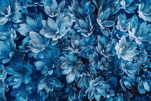 Detailed close up of blue flowers against a stark black backdrop, showcasing intricate patterns and colors, Intricate patterns of frosty blue crystals scattered throughout