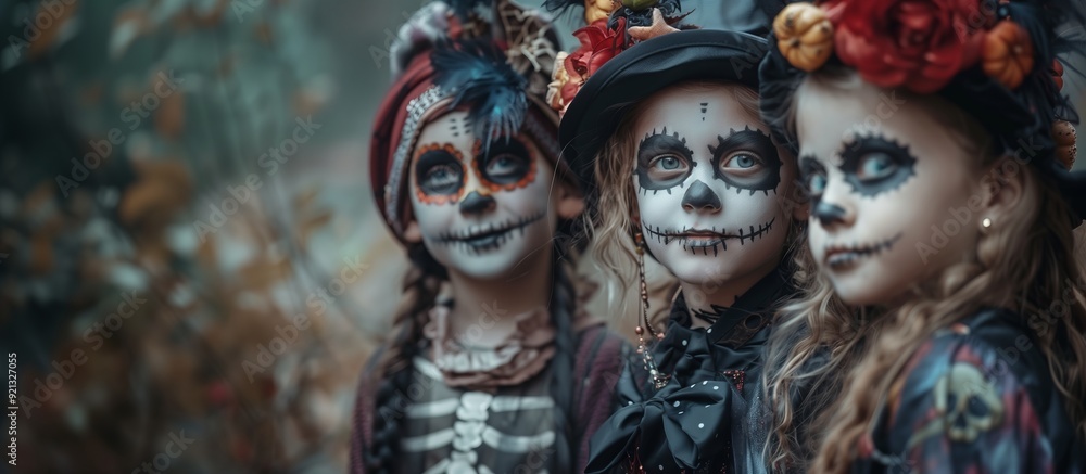 Happy Halloween or Day of the Dead. Cheerful children in themed costumes and masks and makeup. The girls are dressed in dark dresses and beautiful hats with flowers. Happy Halloween or Day of the Dead. Cheerful children in themed costumes and masks and makeup. The girls are dressed in dark dresses and beautiful hats with flowers.