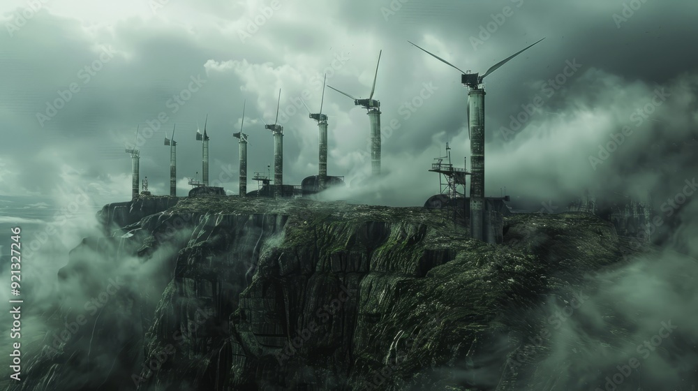Fototapeta premium wind generators on a cloudy ridge