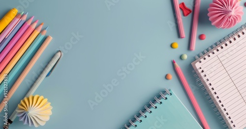 Colorful Stationery and School Supplies on a Light Blue Background