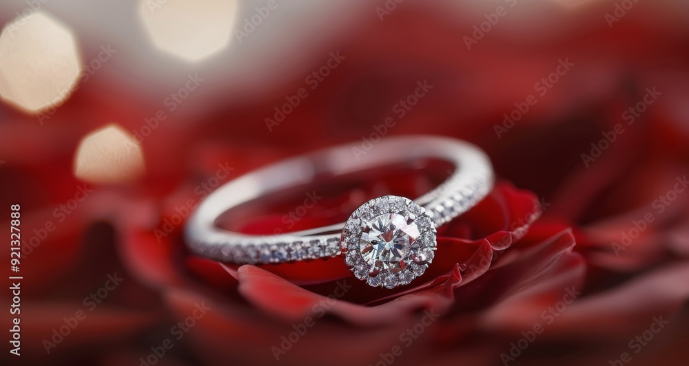 Elegant Diamond Ring Resting on Red Rose Petals With Soft Background Lights Elegant Diamond Ring Resting on Red Rose Petals With Soft Background Lights