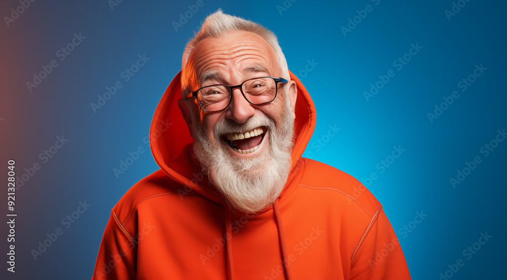 Obraz premium Portrait d'un homme senior avec des lunettes et une barbe portant un sweat à capuche orange sur un fond isolé bleu.