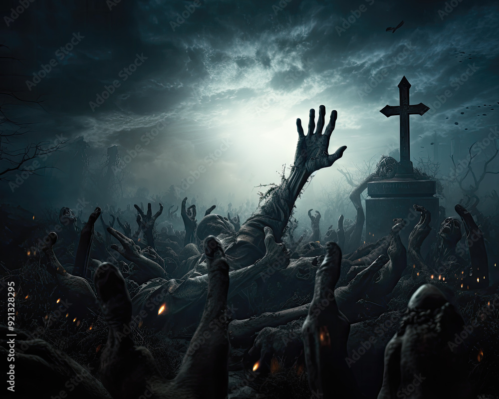 Zombie hand rising out of a spooky graveyard Zombie hand rising out of a spooky graveyard
