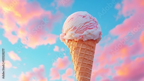 Strawberry Ice Cream Cone Against Sunset Sky