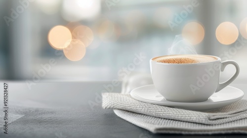 Steaming Cup of Coffee on a Table in a Cozy Cafe During Morning Hours