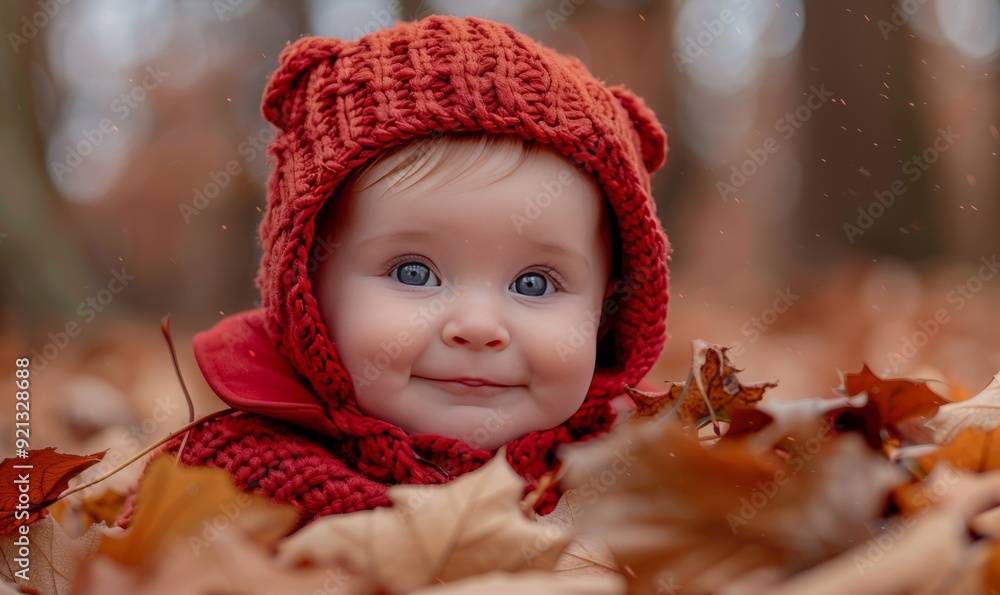 image of portrait baby Smiling with a red hood on his head looking at camera full surrounded by dry autumn leaves in blurred background image of portrait baby Smiling with a red hood on his head looking at camera full surrounded by dry autumn leaves in blurred background