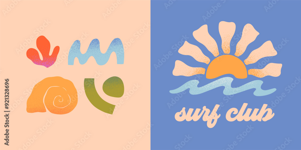Naklejka premium Vector abstract summer beach,surf club emblems.Hand drawn seashell,organic forms,ocean waves,sun.Modern graphic in simple style for banners,smm,branding,covers,prints.Retro summer vacation aesthetic