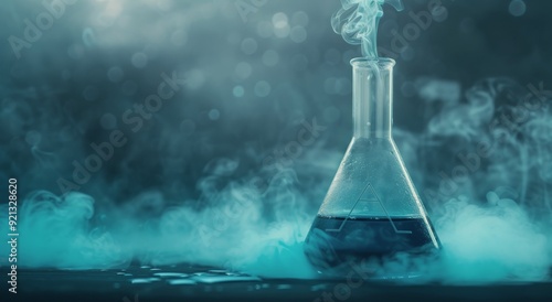 Blue Liquid in Flask With Smoke and Triangle Symbol on Dark Background