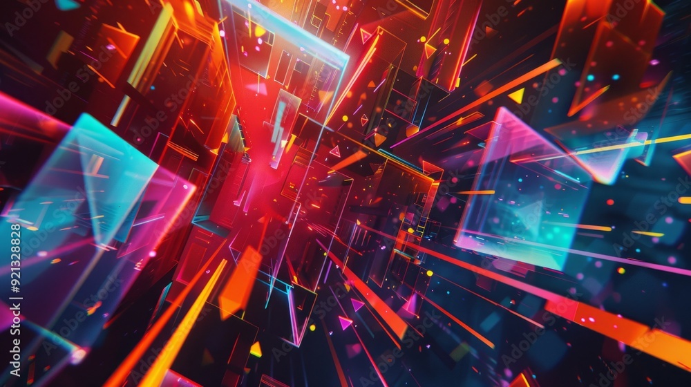 abstract illustration of geometric shapes and structures in colorful neon colors and lights in cyberspace against dark background abstract illustration of geometric shapes and structures in colorful neon colors and lights in cyberspace against dark background
