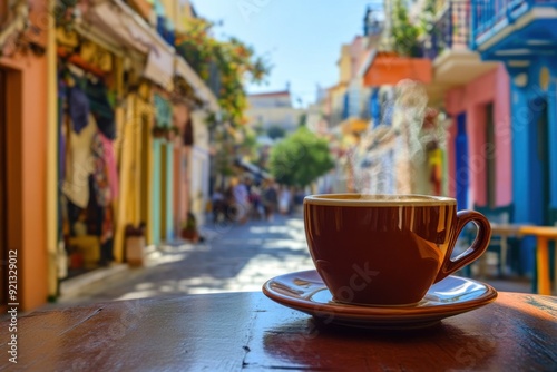 Fototapeta Naklejka Na Ścianę i Meble -  A Cup of Coffee on a Table with a Blurred Background of a Colorful Street