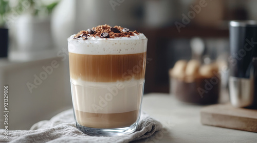 A latte coffee poured in layers, featuring frothy milk and a crispy chocolate top, set on a light-colored kitchen table. The layers of the coffee are visually distinct, showcasing the creamy texture 