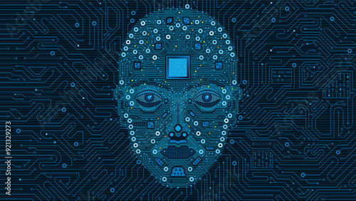 Artificial intelligence concept. Human face made of circuits with a microchip in the forehead and blue lights