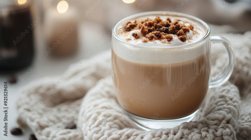 A latte coffee poured in layers, featuring frothy milk and a crispy chocolate top, set on a light-colored kitchen table. The layers of the coffee are visually distinct, showcasing the creamy texture A latte coffee poured in layers, featuring frothy milk and a crispy chocolate top, set on a light-colored kitchen table. The layers of the coffee are visually distinct, showcasing the creamy texture